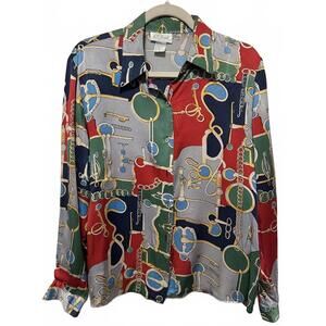 Vintage K Arnold Multi Color Silk Chain Print Long-Sleeve Blouse size L